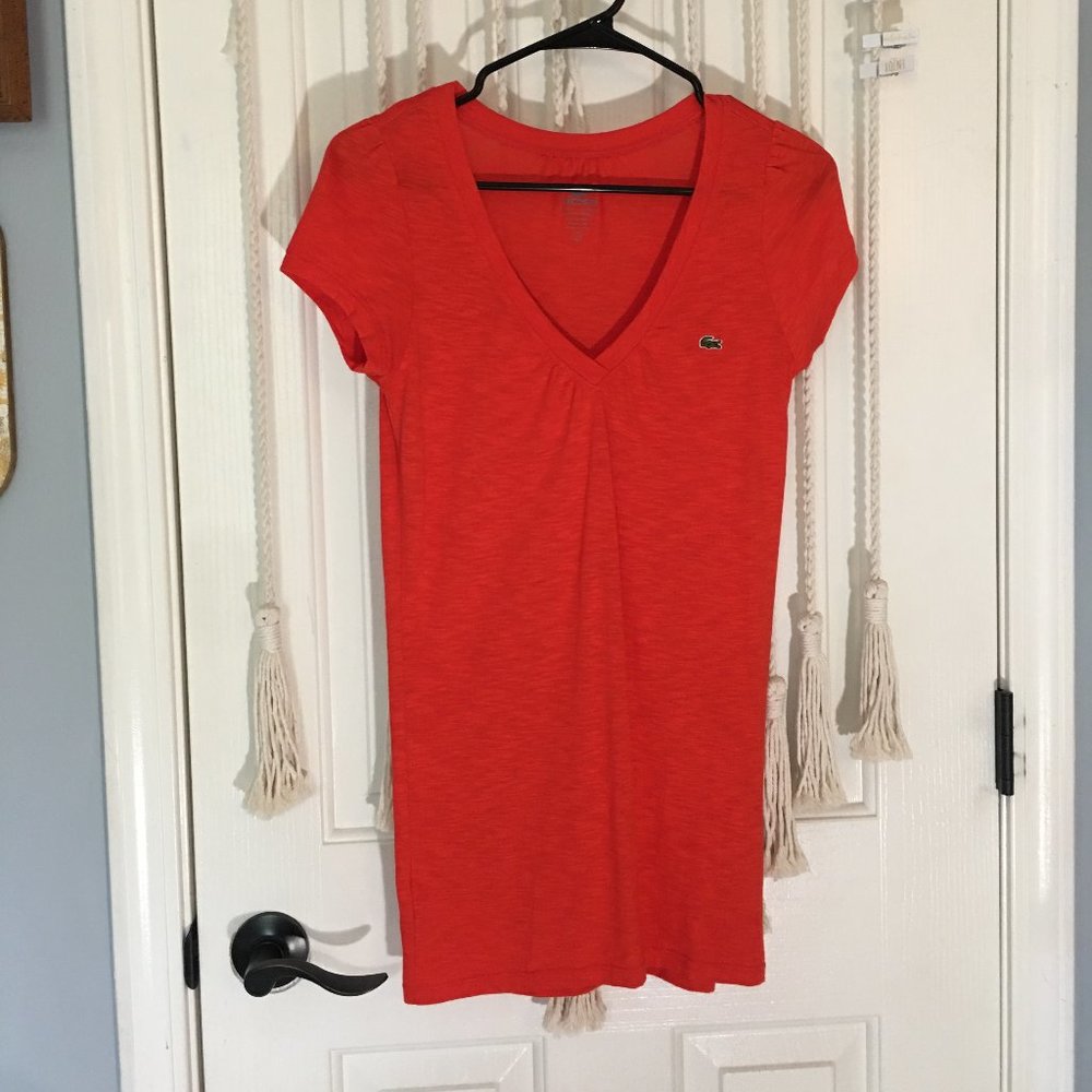 LN Lacoste Red V Neck Short Sleeve T Shirt Top 36 S